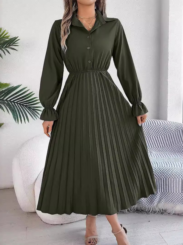 Casual Lapel Button Long Sleeve Waisted Pleated Long Dresses-[Adult]-[Female]-Olive green-S-2022 Online Blue Zone Planet