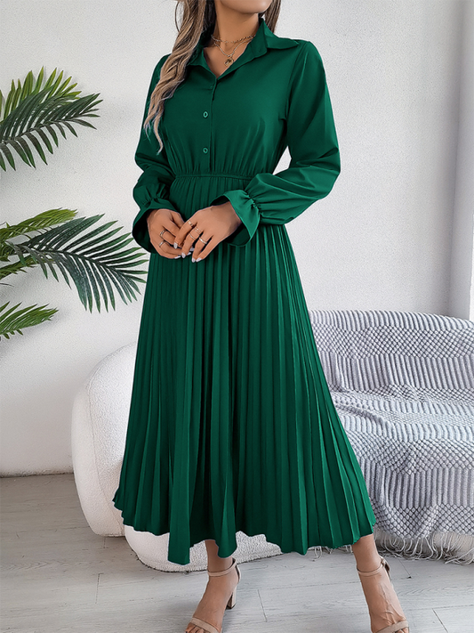 Casual Lapel Button Long Sleeve Waisted Pleated Long Dresses-[Adult]-[Female]-Green black jasper-S-2022 Online Blue Zone Planet