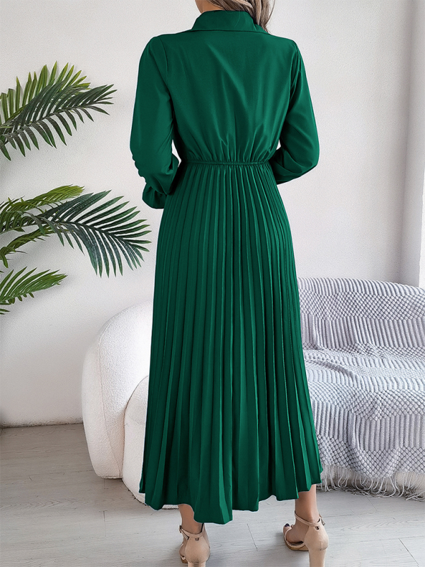 Casual Lapel Button Long Sleeve Waisted Pleated Long Dresses-[Adult]-[Female]-2022 Online Blue Zone Planet