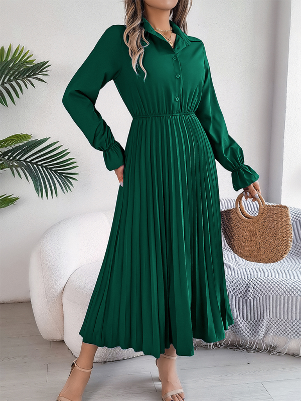 Casual Lapel Button Long Sleeve Waisted Pleated Long Dresses-[Adult]-[Female]-2022 Online Blue Zone Planet