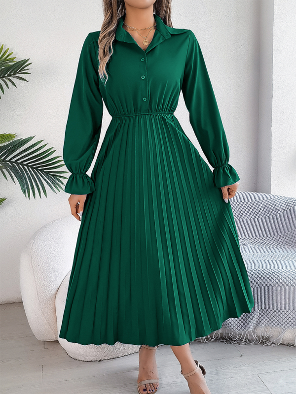 Casual Lapel Button Long Sleeve Waisted Pleated Long Dresses-[Adult]-[Female]-2022 Online Blue Zone Planet