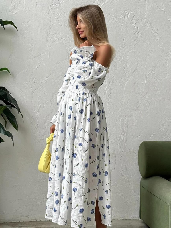 One-piece neckline floral ruffled lantern sleeve long-sleeve dress-[Adult]-[Female]-2022 Online Blue Zone Planet