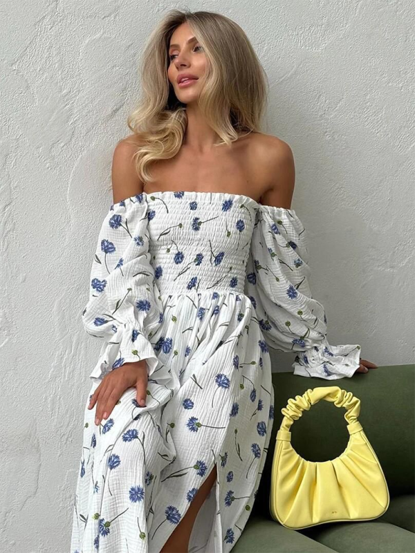 One-piece neckline floral ruffled lantern sleeve long-sleeve dress-[Adult]-[Female]-2022 Online Blue Zone Planet