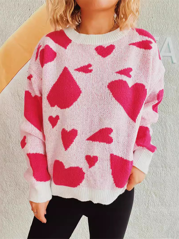 Valentine's Day Sweater Round Neck Heart Two Color Jacquard Pullover Sweet Knit Sweater-[Adult]-[Female]-2022 Online Blue Zone Planet