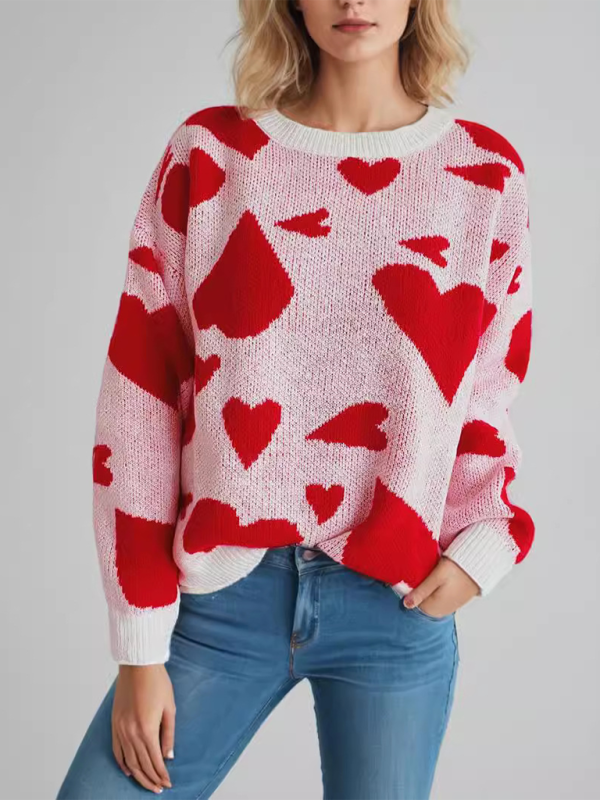 Valentine's Day Sweater Round Neck Heart Two Color Jacquard Pullover Sweet Knit Sweater-[Adult]-[Female]-2022 Online Blue Zone Planet