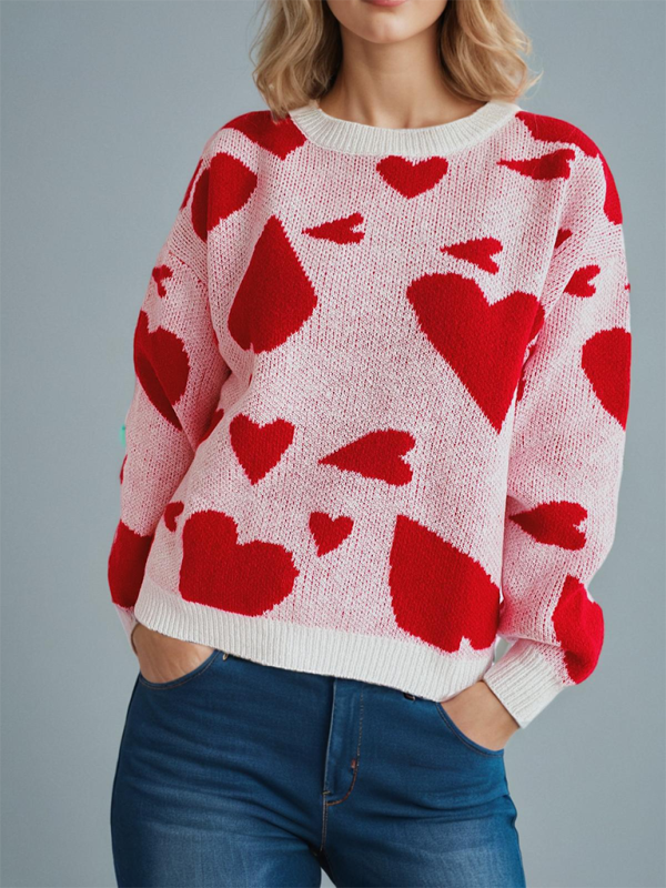 Valentine's Day Sweater Round Neck Heart Two Color Jacquard Pullover Sweet Knit Sweater-[Adult]-[Female]-2022 Online Blue Zone Planet