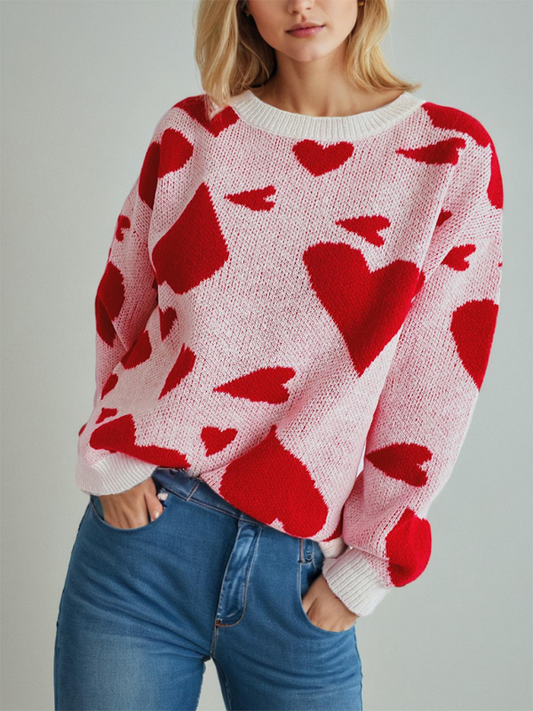 Valentine's Day Sweater Round Neck Heart Two Color Jacquard Pullover Sweet Knit Sweater-[Adult]-[Female]-Red-S-2022 Online Blue Zone Planet