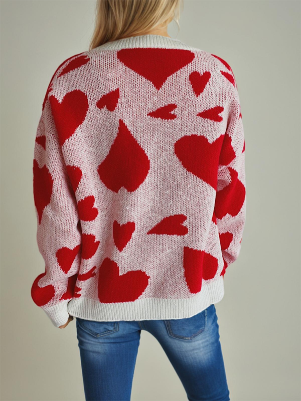 Valentine's Day Sweater Round Neck Heart Two Color Jacquard Pullover Sweet Knit Sweater-[Adult]-[Female]-2022 Online Blue Zone Planet