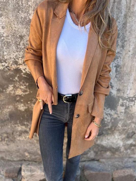 Casual Fashion Suede Lapel Long Sleeve Long Jacket-[Adult]-[Female]-Brown-S-2022 Online Blue Zone Planet