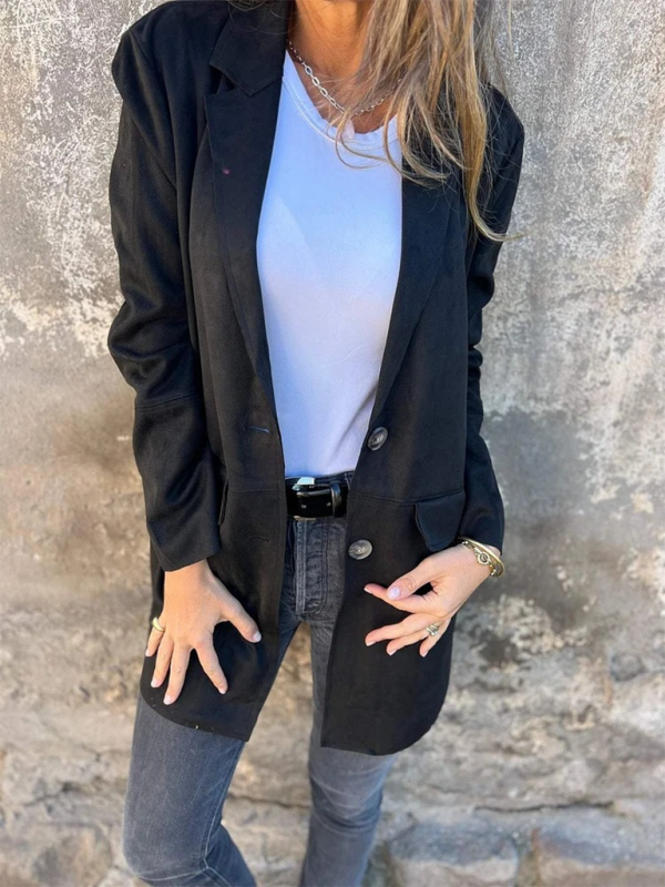 Casual Fashion Suede Lapel Long Sleeve Long Jacket-[Adult]-[Female]-Black-S-2022 Online Blue Zone Planet