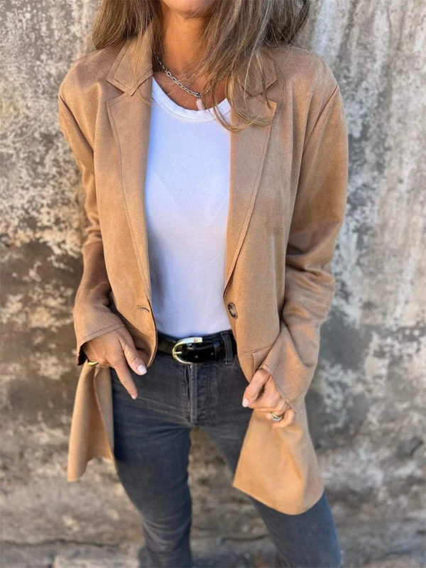 Casual Fashion Suede Lapel Long Sleeve Long Jacket-[Adult]-[Female]-Khaki-S-2022 Online Blue Zone Planet