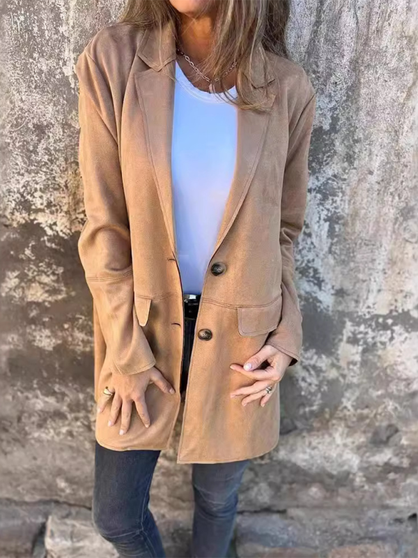 Casual Fashion Suede Lapel Long Sleeve Long Jacket-[Adult]-[Female]-2022 Online Blue Zone Planet