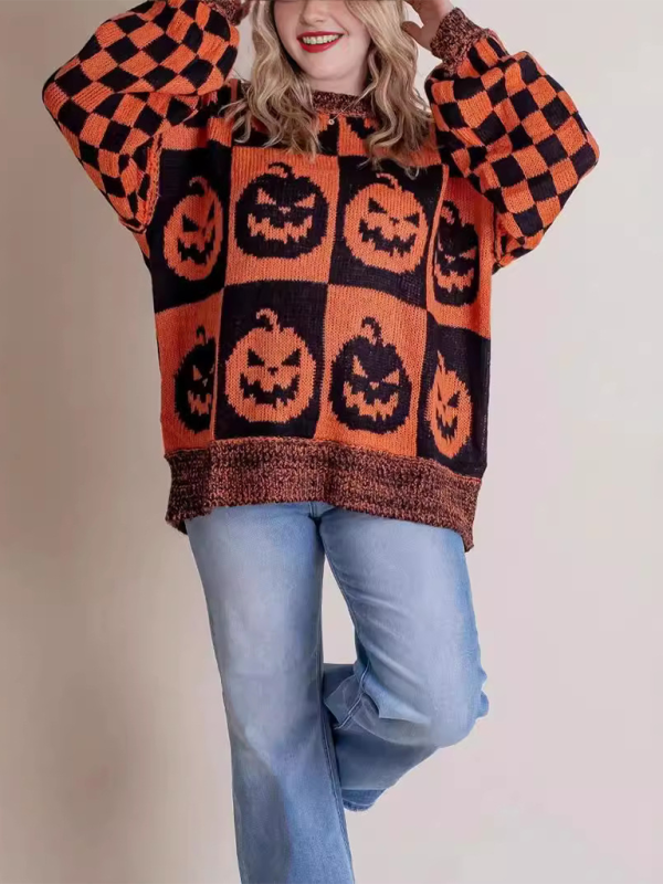 Halloween Loose Crew Neck Sweater-[Adult]-[Female]-Orange-S-2022 Online Blue Zone Planet