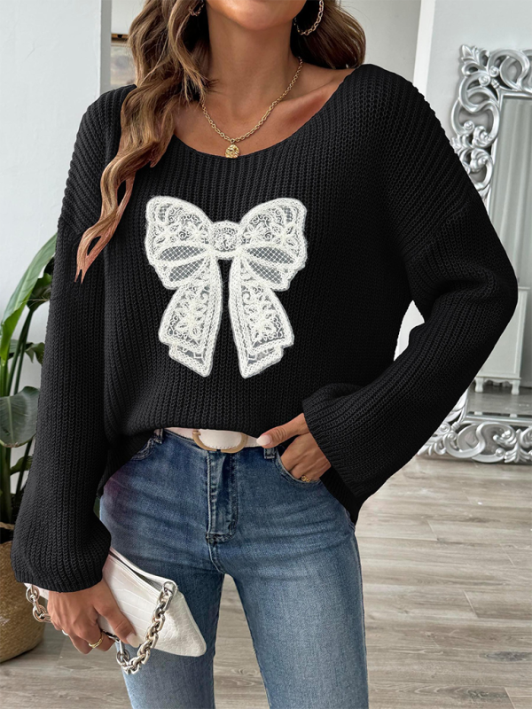 Bow Embroidery Applique Women's Pullover Sweater One Neck Strapless Flare Sleeve Sweater-[Adult]-[Female]-2022 Online Blue Zone Planet