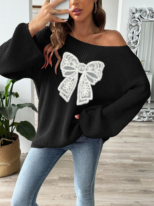 Bow Embroidery Applique Women's Pullover Sweater One Neck Strapless Flare Sleeve Sweater-[Adult]-[Female]-2022 Online Blue Zone Planet