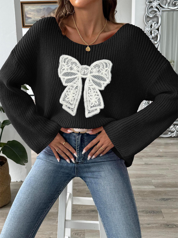 Bow Embroidery Applique Women's Pullover Sweater One Neck Strapless Flare Sleeve Sweater-[Adult]-[Female]-2022 Online Blue Zone Planet