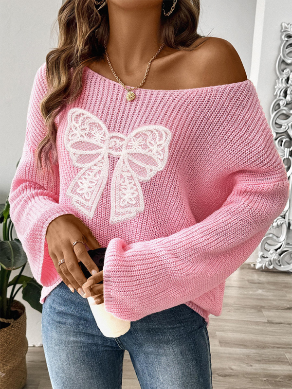 Bow Embroidery Applique Women's Pullover Sweater One Neck Strapless Flare Sleeve Sweater-[Adult]-[Female]-Pink-S-2022 Online Blue Zone Planet