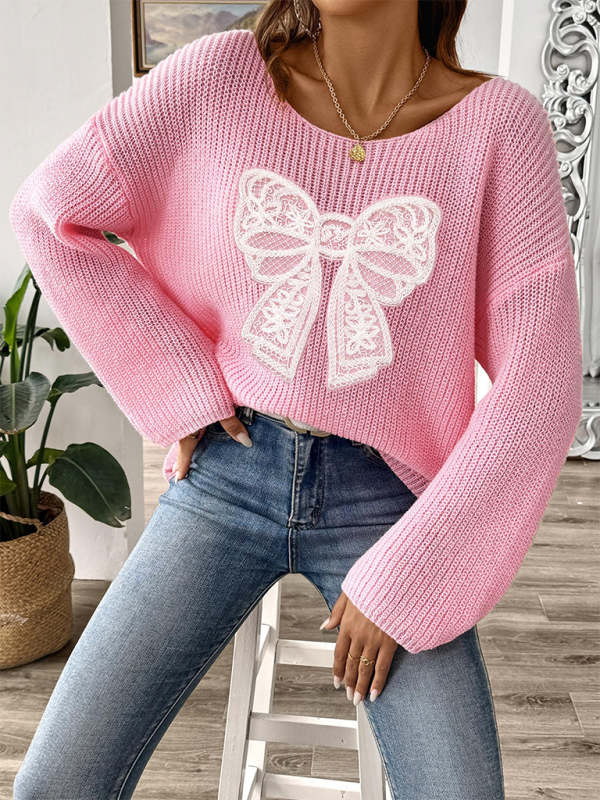 Bow Embroidery Applique Women's Pullover Sweater One Neck Strapless Flare Sleeve Sweater-[Adult]-[Female]-2022 Online Blue Zone Planet