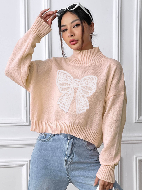 Women's Bow Embroidered Appliqued Turtleneck Pullover Sweater-[Adult]-[Female]-2022 Online Blue Zone Planet