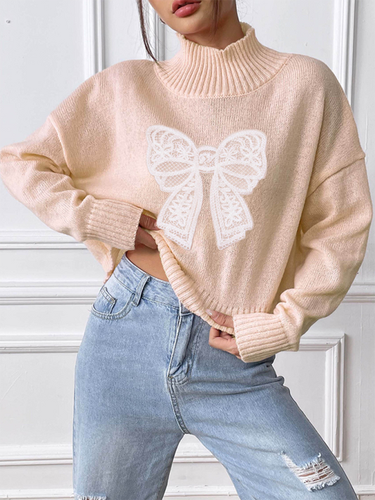 Women's Bow Embroidered Appliqued Turtleneck Pullover Sweater-[Adult]-[Female]-Cracker khaki-S-2022 Online Blue Zone Planet