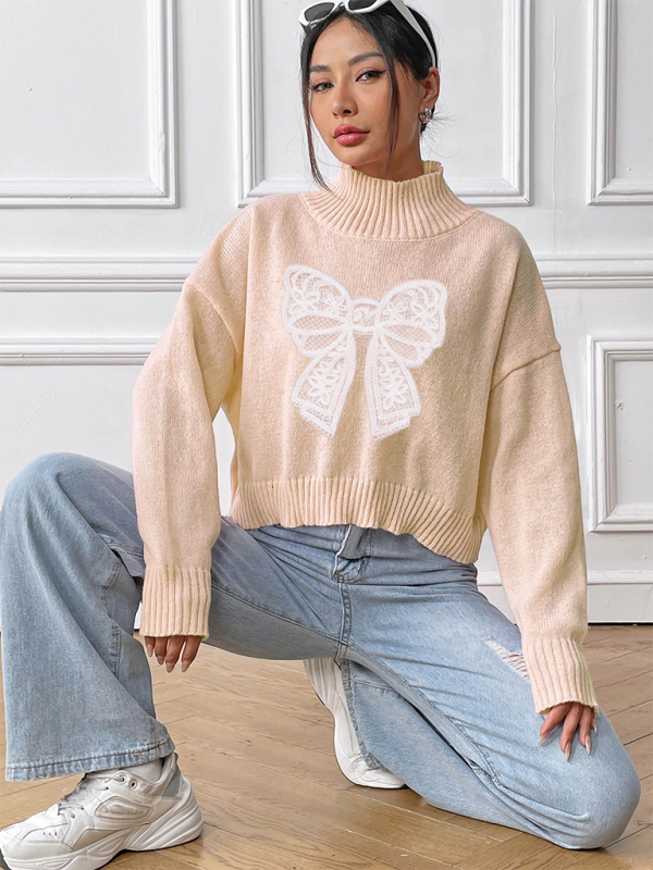 Women's Bow Embroidered Appliqued Turtleneck Pullover Sweater-[Adult]-[Female]-2022 Online Blue Zone Planet