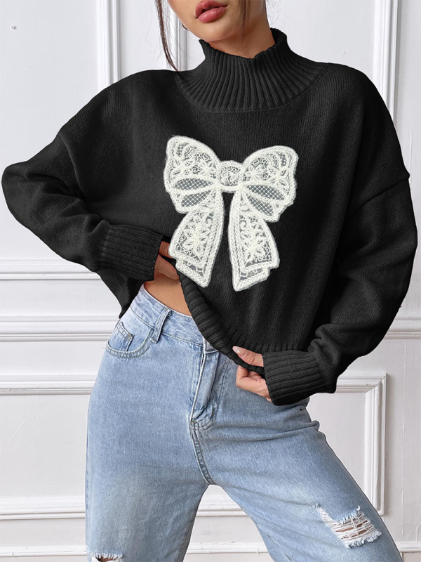 Women's Bow Embroidered Appliqued Turtleneck Pullover Sweater-[Adult]-[Female]-2022 Online Blue Zone Planet