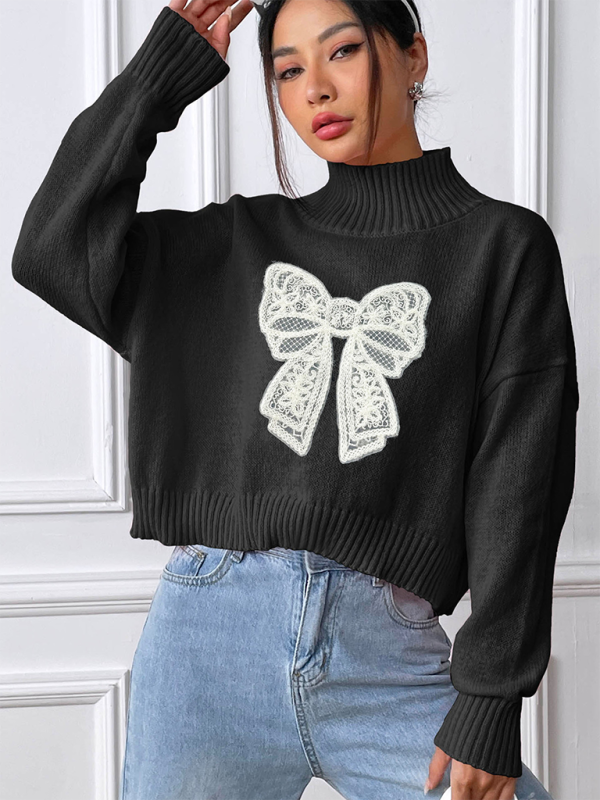 Women's Bow Embroidered Appliqued Turtleneck Pullover Sweater-[Adult]-[Female]-Black-S-2022 Online Blue Zone Planet