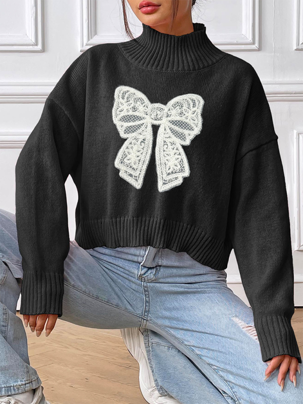 Women's Bow Embroidered Appliqued Turtleneck Pullover Sweater-[Adult]-[Female]-2022 Online Blue Zone Planet