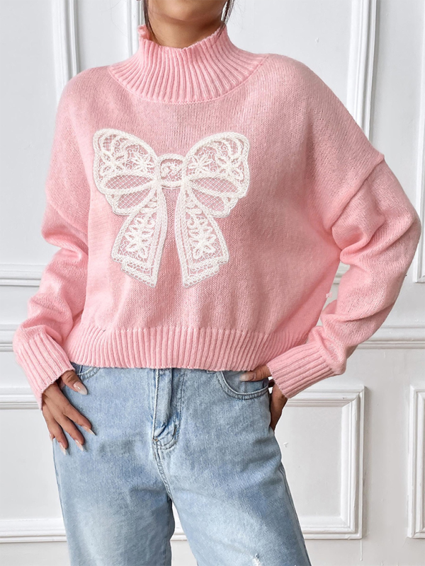 Women's Bow Embroidered Appliqued Turtleneck Pullover Sweater-[Adult]-[Female]-2022 Online Blue Zone Planet