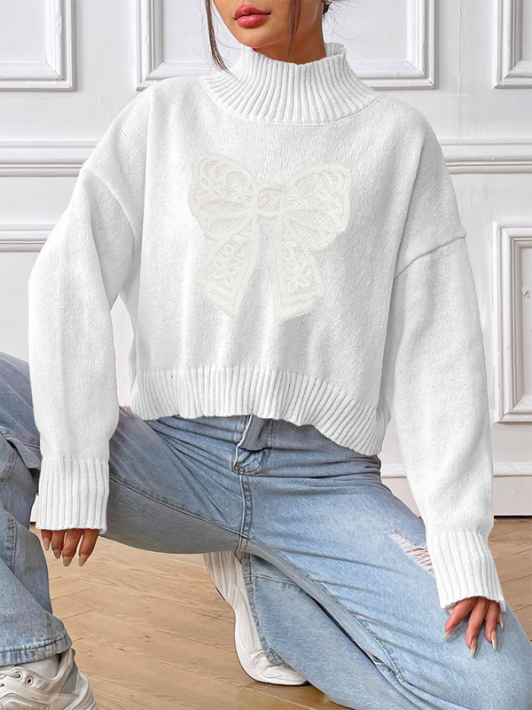 Women's Bow Embroidered Appliqued Turtleneck Pullover Sweater-[Adult]-[Female]-White-S-2022 Online Blue Zone Planet