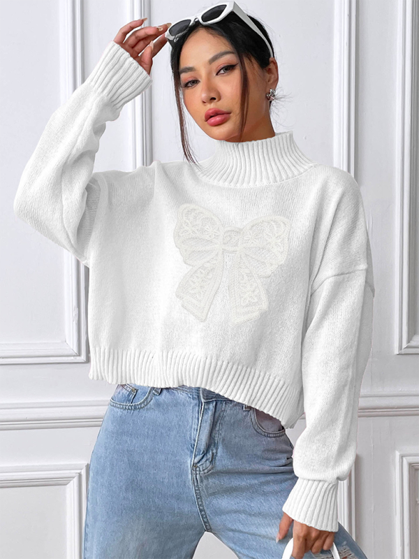 Women's Bow Embroidered Appliqued Turtleneck Pullover Sweater-[Adult]-[Female]-2022 Online Blue Zone Planet