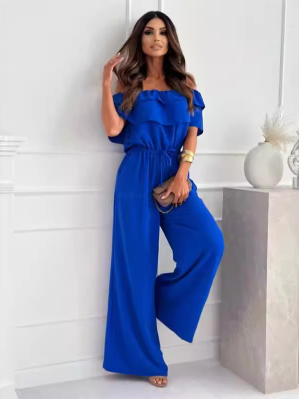 One-piece collar casual solid color waisted jumpsuit-[Adult]-[Female]-2022 Online Blue Zone Planet