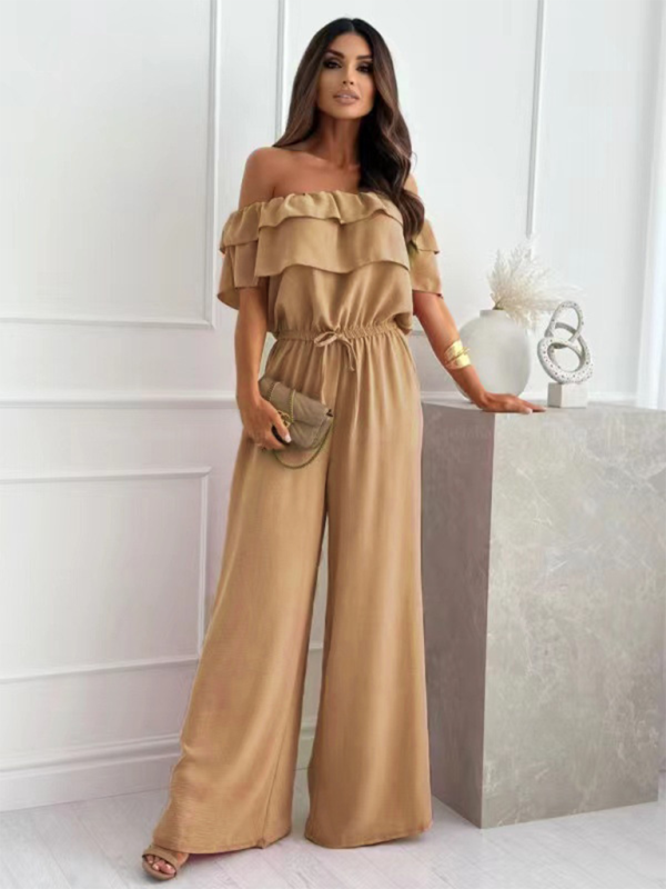 One-piece collar casual solid color waisted jumpsuit-[Adult]-[Female]-Khaki-S-2022 Online Blue Zone Planet