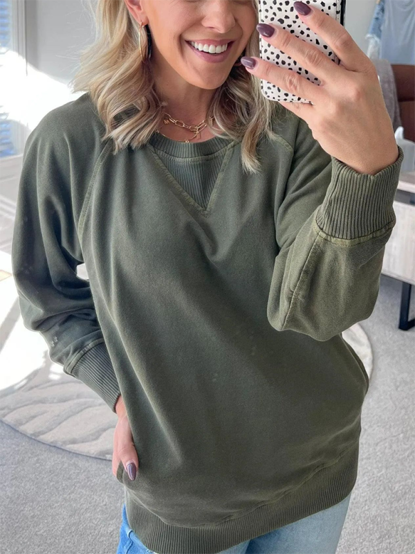 Women's Bat Sleeve Ribbed Embellished Pocket Pullover Sweatshirt-[Adult]-[Female]-Olive green-S-2022 Online Blue Zone Planet