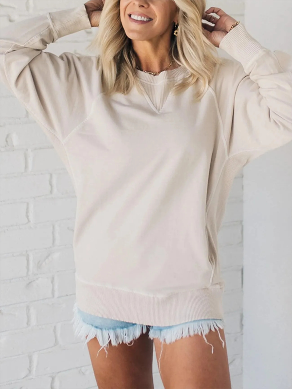 Women's Bat Sleeve Ribbed Embellished Pocket Pullover Sweatshirt-[Adult]-[Female]-Cream-S-2022 Online Blue Zone Planet