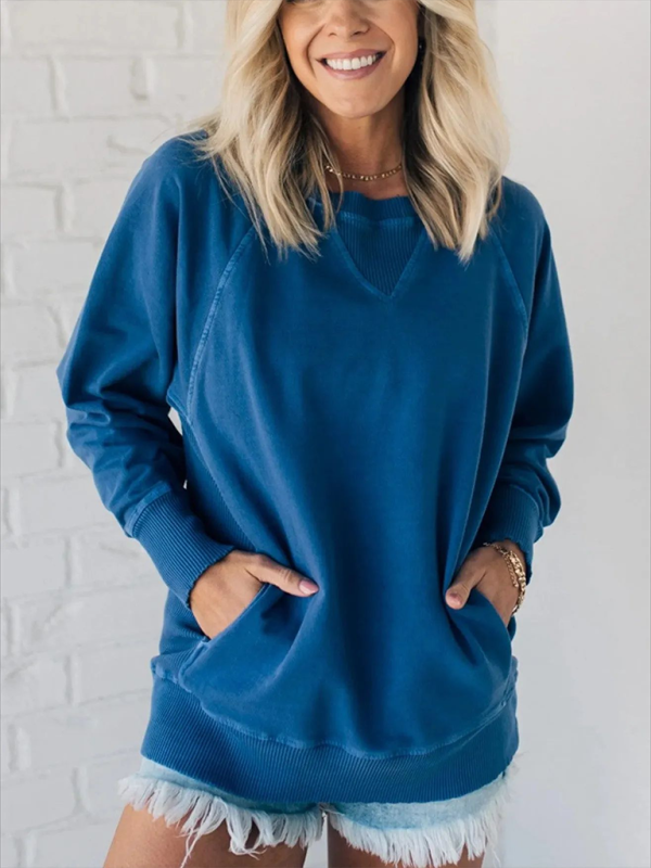 Women's Bat Sleeve Ribbed Embellished Pocket Pullover Sweatshirt-[Adult]-[Female]-Royal blue-S-2022 Online Blue Zone Planet