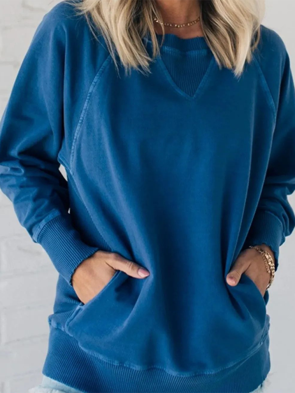 Women's Bat Sleeve Ribbed Embellished Pocket Pullover Sweatshirt-[Adult]-[Female]-2022 Online Blue Zone Planet