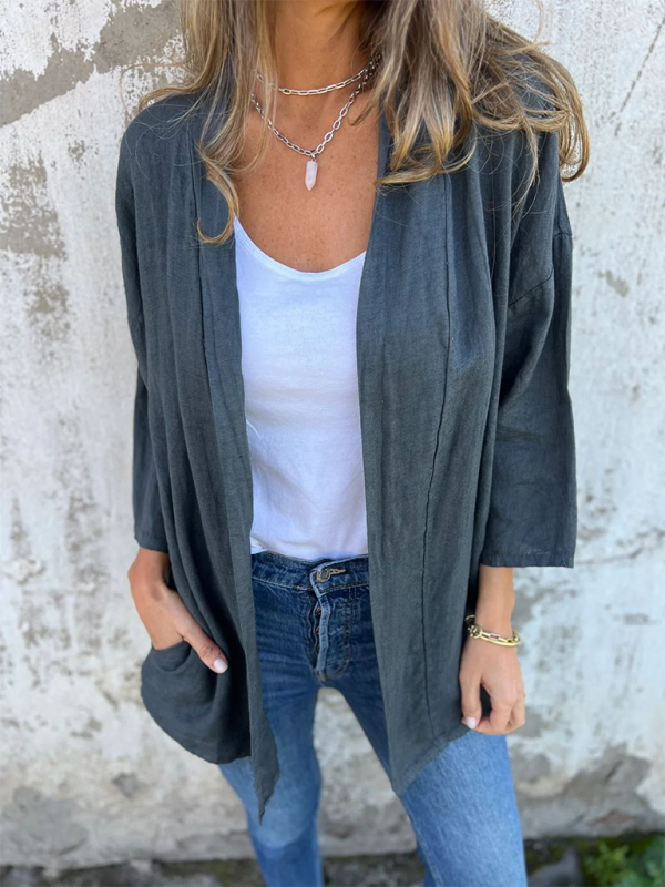 Women's Casual Loose Pocket Cardigan Jacket Top-[Adult]-[Female]-Grey-S-2022 Online Blue Zone Planet