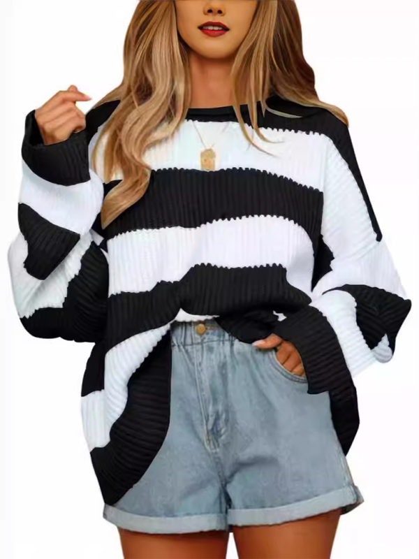 Round Neck Long Sleeve Colorblocked Striped Knit Sweater Flare Sleeve Sweater-[Adult]-[Female]-2022 Online Blue Zone Planet