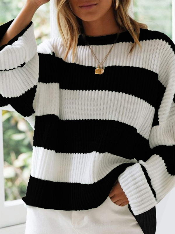 Round Neck Long Sleeve Colorblocked Striped Knit Sweater Flare Sleeve Sweater-[Adult]-[Female]-Black-S-2022 Online Blue Zone Planet