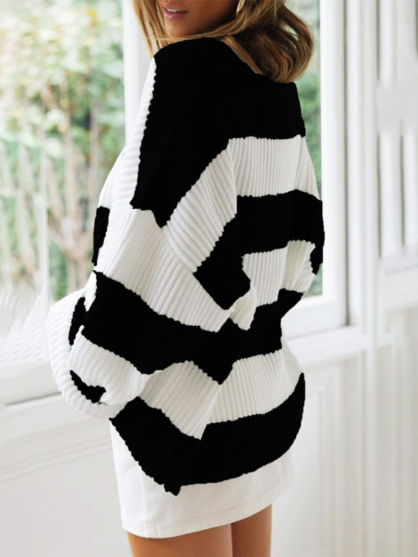 Round Neck Long Sleeve Colorblocked Striped Knit Sweater Flare Sleeve Sweater-[Adult]-[Female]-2022 Online Blue Zone Planet