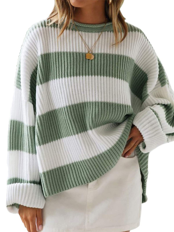 Round Neck Long Sleeve Colorblocked Striped Knit Sweater Flare Sleeve Sweater-[Adult]-[Female]-2022 Online Blue Zone Planet