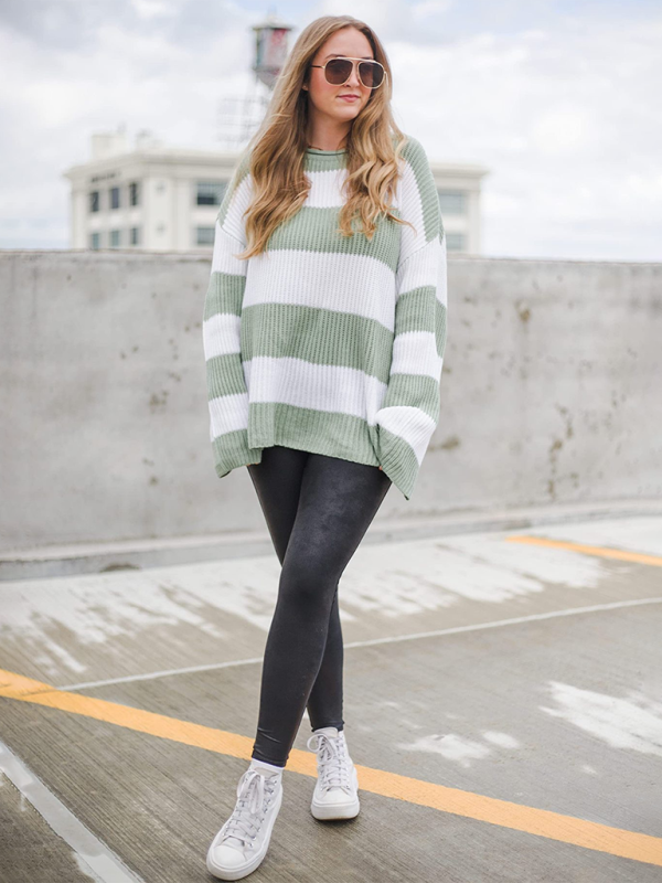 Round Neck Long Sleeve Colorblocked Striped Knit Sweater Flare Sleeve Sweater-[Adult]-[Female]-2022 Online Blue Zone Planet