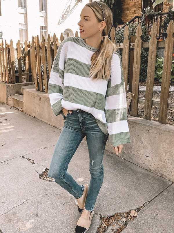 Round Neck Long Sleeve Colorblocked Striped Knit Sweater Flare Sleeve Sweater-[Adult]-[Female]-Green-S-2022 Online Blue Zone Planet