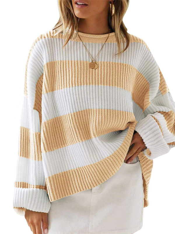 Round Neck Long Sleeve Colorblocked Striped Knit Sweater Flare Sleeve Sweater-[Adult]-[Female]-2022 Online Blue Zone Planet