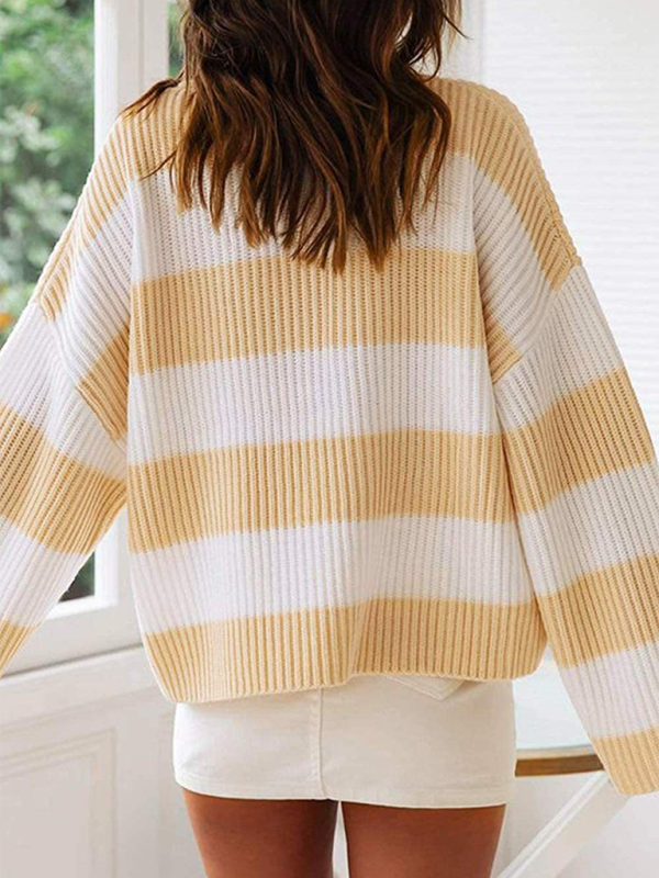 Round Neck Long Sleeve Colorblocked Striped Knit Sweater Flare Sleeve Sweater-[Adult]-[Female]-2022 Online Blue Zone Planet