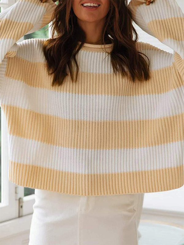 Round Neck Long Sleeve Colorblocked Striped Knit Sweater Flare Sleeve Sweater-[Adult]-[Female]-Khaki-S-2022 Online Blue Zone Planet