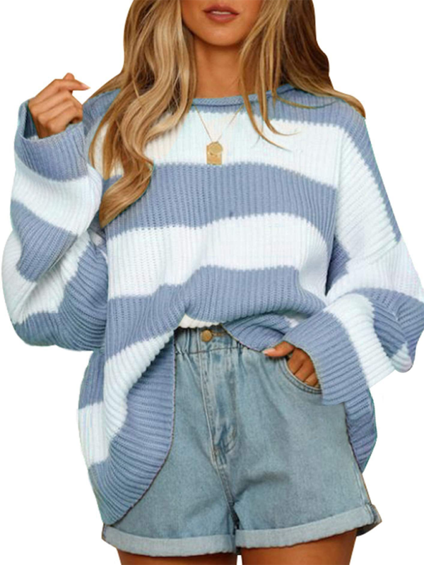 Round Neck Long Sleeve Colorblocked Striped Knit Sweater Flare Sleeve Sweater-[Adult]-[Female]-2022 Online Blue Zone Planet