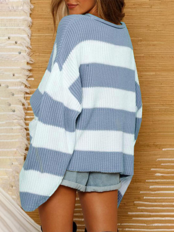 Round Neck Long Sleeve Colorblocked Striped Knit Sweater Flare Sleeve Sweater-[Adult]-[Female]-2022 Online Blue Zone Planet