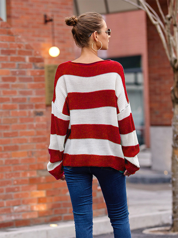 Round Neck Long Sleeve Colorblocked Striped Knit Sweater Flare Sleeve Sweater-[Adult]-[Female]-2022 Online Blue Zone Planet